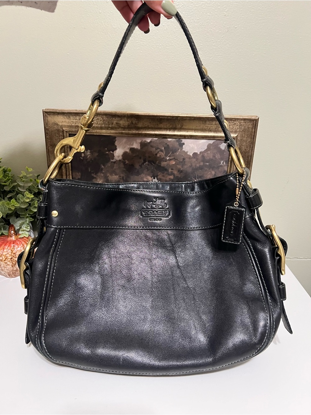 Coach Black Leather Shoulder Bag with Brass Hardware